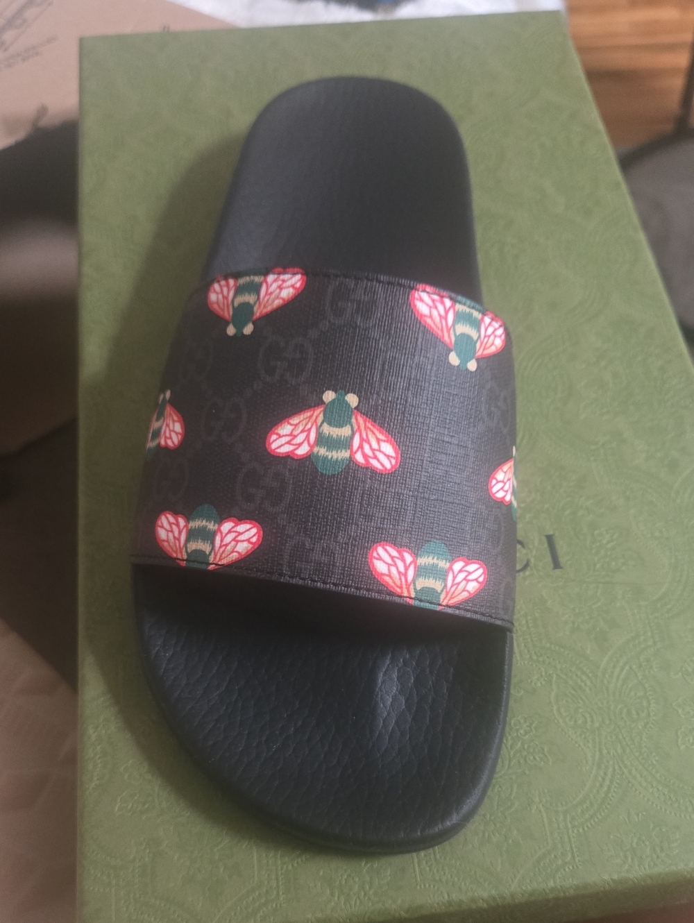 Gucci Black Slide Sandals with Red & Green Bee Print